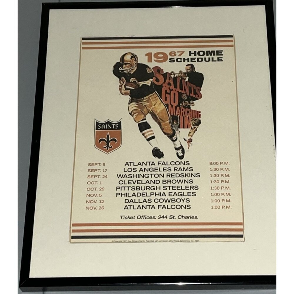 NFL New Orleans Saints 1967 Football Home Schedule Framed Matted Arthur Hardy 91